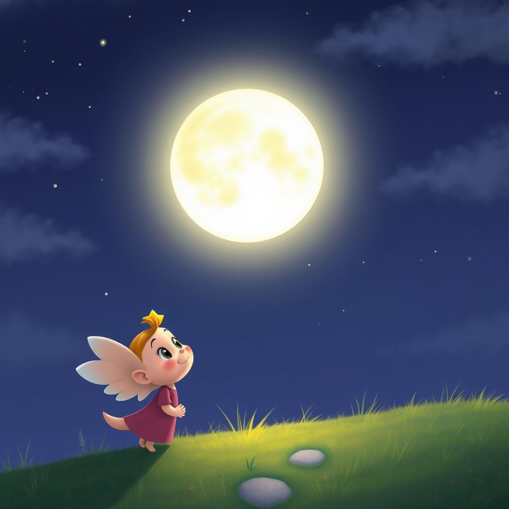 Uncle Moon shines brightly in the serene night sky, casting a warm, guiding light that beautifully illuminates Twinkle's path below