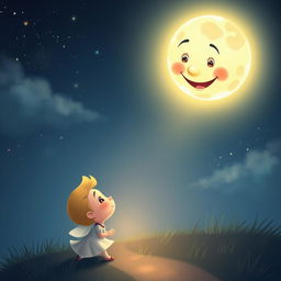 Uncle Moon shines brightly in the serene night sky, casting a warm, guiding light that beautifully illuminates Twinkle's path below