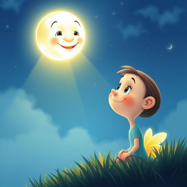 Uncle Moon shines brightly in the serene night sky, casting a warm, guiding light that beautifully illuminates Twinkle's path below