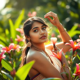 A serene and artistic depiction of a beautiful 25-year-old Indian woman posing gracefully in a natural setting