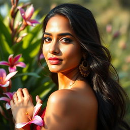 A serene and artistic depiction of a beautiful 25-year-old Indian woman posing gracefully in a natural setting