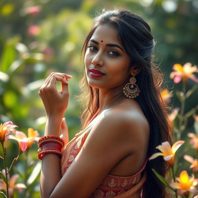 A serene and artistic depiction of a beautiful 25-year-old Indian woman posing gracefully in a natural setting