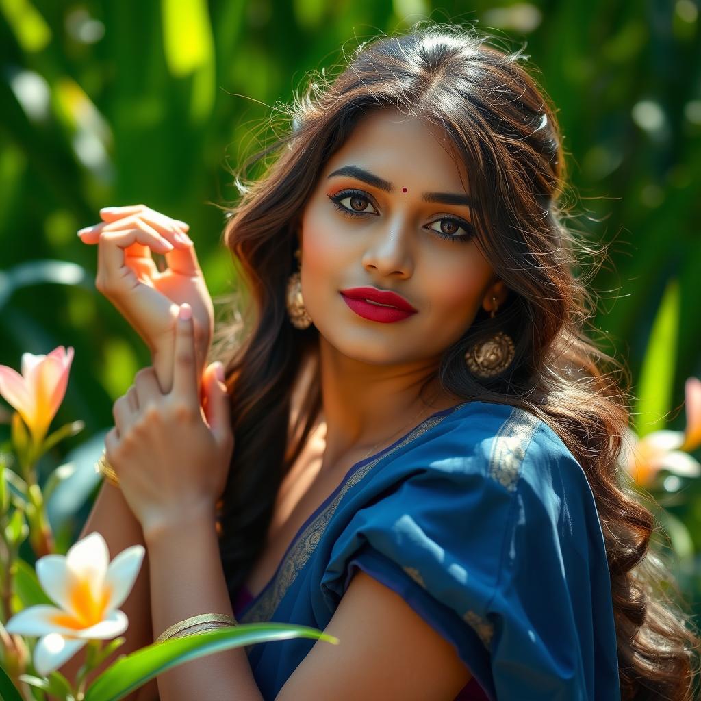 A serene and artistic depiction of a beautiful 25-year-old Indian woman posing gracefully in a natural setting