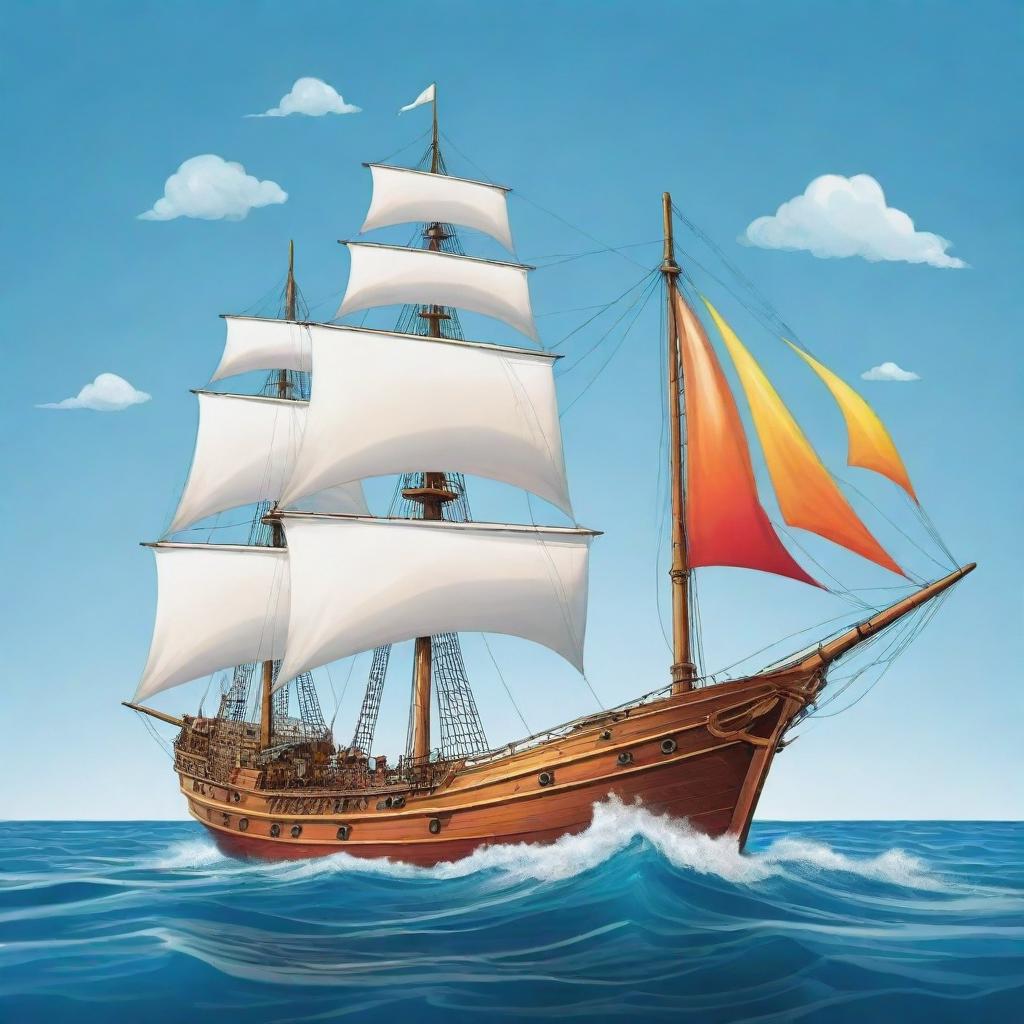 A colorful cartoon illustration of a sailing ship elegantly transforming into water while at sea.