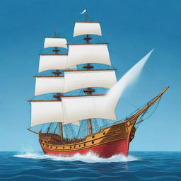 A colorful cartoon illustration of a sailing ship elegantly transforming into water while at sea.