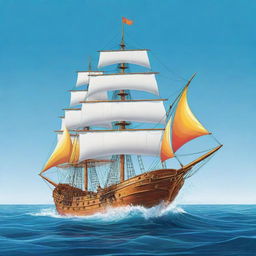 A colorful cartoon illustration of a sailing ship elegantly transforming into water while at sea.