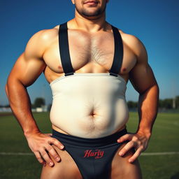 A lean but muscular rugby player, confidently posing in a very tight jockstrap that accentuates his impressive bulge