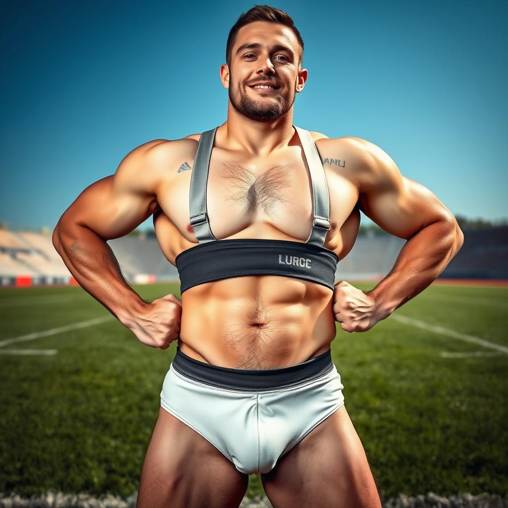 A lean but muscular rugby player, confidently posing in a very tight jockstrap that accentuates his impressive bulge