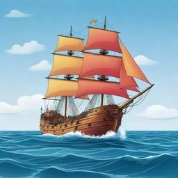 A colorful cartoon illustration of a sailing ship elegantly transforming into water while at sea.