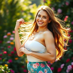 A beautiful and confident woman standing in an elegant pose, with flowing hair cascading down her shoulders