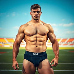A lean but muscular rugby player, posing confidently in a very tight male string slip jockstrap, revealing the details of his form