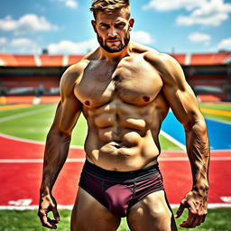 A lean but muscular rugby player, posing confidently in a very tight male string slip jockstrap, revealing the details of his form
