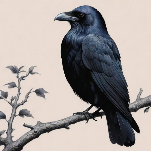 An ink-black raven perched on a branch in midnight, its striking plumage detailed with intricate tattoo designs.