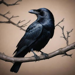 An ink-black raven perched on a branch in midnight, its striking plumage detailed with intricate tattoo designs.