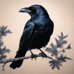 An ink-black raven perched on a branch in midnight, its striking plumage detailed with intricate tattoo designs.