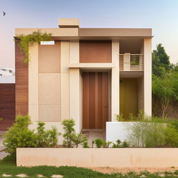 Generate five suggestions for a modern, welcoming 2BHK house in India with a budget under 5 Lakhs and a 1000 sq ft carpet area. The house should be colored in beige or cream with a woody touch, and include wall decor, clocks, wall cladding in 2 bedrooms, a living room, dining room, kitchen, and balcony.