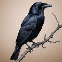 An ink-black raven perched on a branch in midnight, its striking plumage detailed with intricate tattoo designs.