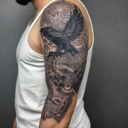 A detailed tattoo sleeve featuring intricate designs of ravens and a wolf, intermingled with tribal motifs and patterns.