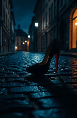 A high heeled shoe elegantly placed on a deserted, poorly lit cobblestone street at night