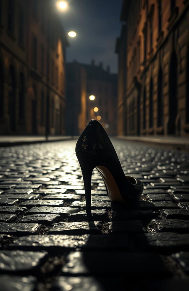 A high heeled shoe elegantly placed on a deserted, poorly lit cobblestone street at night