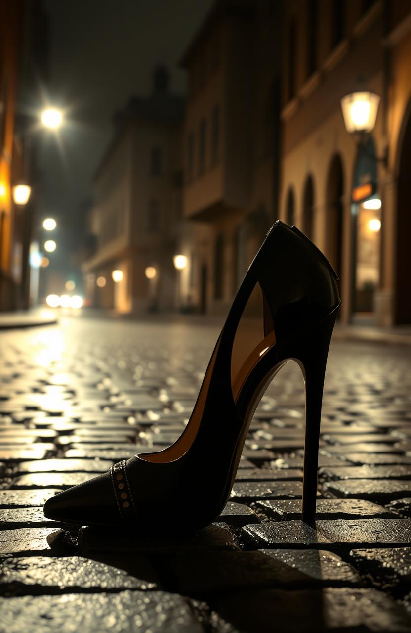 A high heeled shoe elegantly placed on a deserted, poorly lit cobblestone street at night