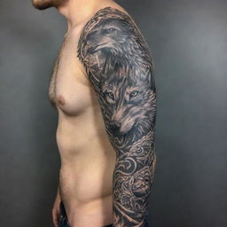 A detailed tattoo sleeve featuring intricate designs of ravens and a wolf, intermingled with tribal motifs and patterns.