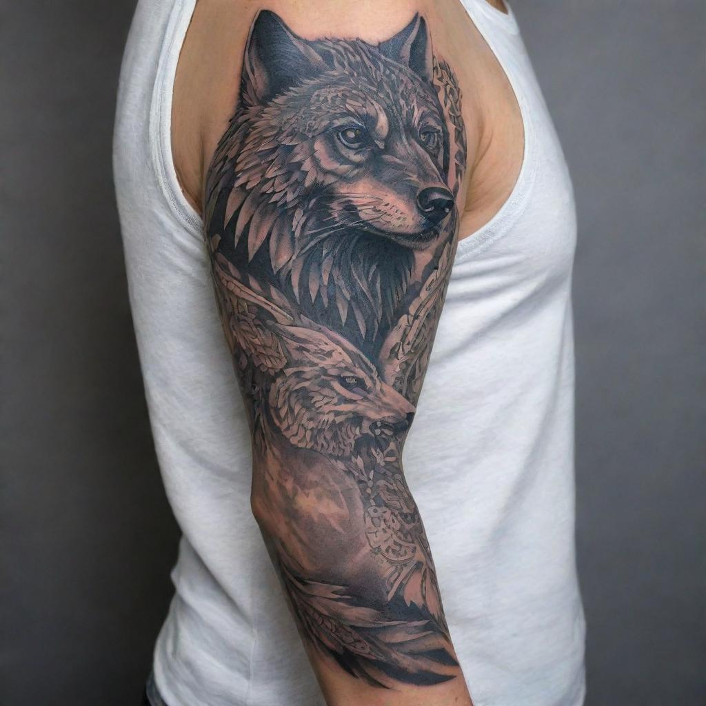 A detailed tattoo sleeve featuring intricate designs of ravens and a wolf, intermingled with tribal motifs and patterns.