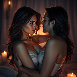 A sensual scene depicting a couple engaging in an intimate moment in a soft, romantic setting, surrounded by dim lighting and candlelight; the woman is depicted as a beautiful, alluring figure with flowing hair and an enticing expression, wearing delicate lingerie that reflects soft shadows on her skin