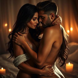 A sensual scene depicting a couple engaging in an intimate moment in a soft, romantic setting, surrounded by dim lighting and candlelight; the woman is depicted as a beautiful, alluring figure with flowing hair and an enticing expression, wearing delicate lingerie that reflects soft shadows on her skin