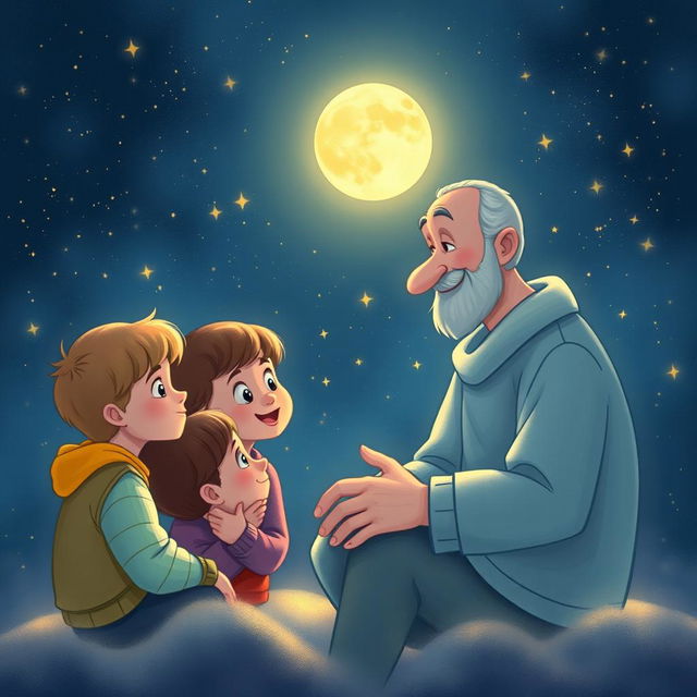 Uncle Moon engages in a heartfelt conversation with the children about the importance of friendship, surrounded by a mesmerizing backdrop of twinkling stars