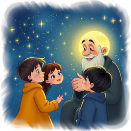 Uncle Moon engages in a heartfelt conversation with the children about the importance of friendship, surrounded by a mesmerizing backdrop of twinkling stars