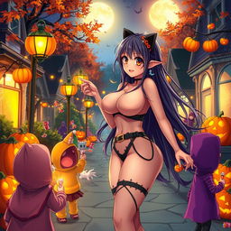 A dynamic scene of a voluptuous anime woman with long flowing hair, wearing only a whimsical pair of strategically placed Halloween-themed accessories, standing in a vibrant neighborhood filled with spooky decorations