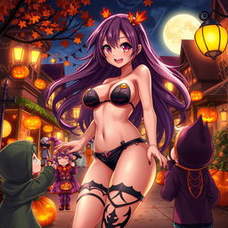A dynamic scene of a voluptuous anime woman with long flowing hair, wearing only a whimsical pair of strategically placed Halloween-themed accessories, standing in a vibrant neighborhood filled with spooky decorations