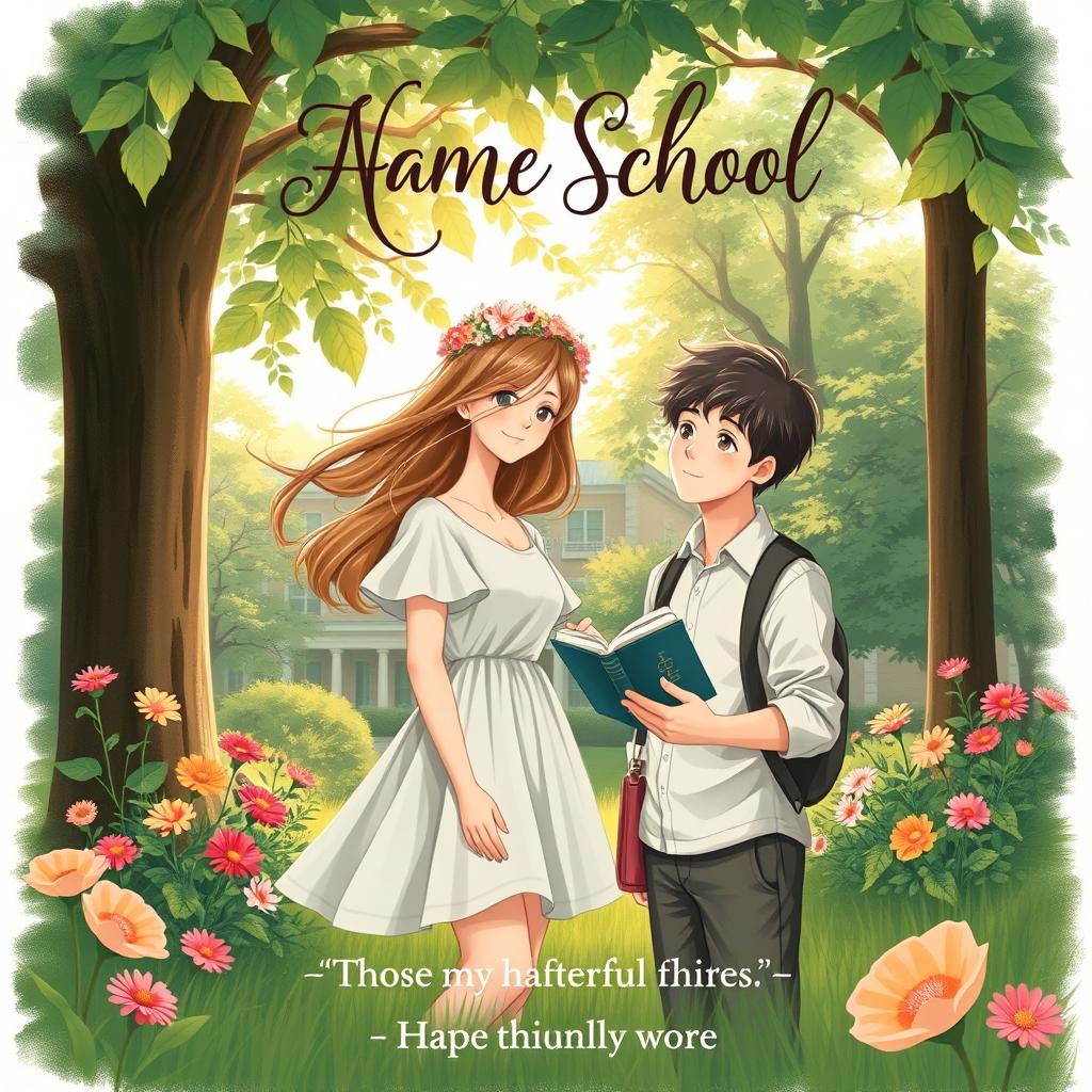 A book cover depicting a romantic story set in a school environment with a nature-inspired theme