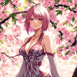 A striking and captivating illustration of a mature version of Sakura Haruno from Naruto, portrayed in an artistic, tasteful manner