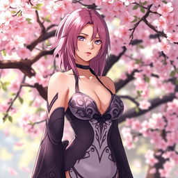 A striking and captivating illustration of a mature version of Sakura Haruno from Naruto, portrayed in an artistic, tasteful manner