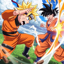 An action-packed scene depicting Naruto Uzumaki, looking determined and fierce, as he unleashes a powerful Rasengan against Goku, who is in a defensive stance