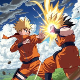 An action-packed scene depicting Naruto Uzumaki, looking determined and fierce, as he unleashes a powerful Rasengan against Goku, who is in a defensive stance