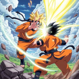 An action-packed scene depicting Naruto Uzumaki, looking determined and fierce, as he unleashes a powerful Rasengan against Goku, who is in a defensive stance