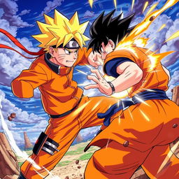 An action-packed scene depicting Naruto Uzumaki, looking determined and fierce, as he unleashes a powerful Rasengan against Goku, who is in a defensive stance