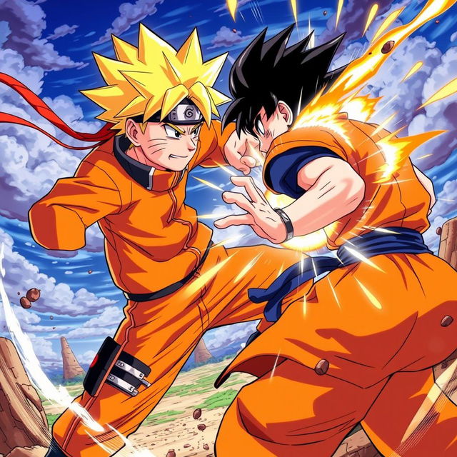 An action-packed scene depicting Naruto Uzumaki, looking determined and fierce, as he unleashes a powerful Rasengan against Goku, who is in a defensive stance