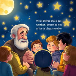 Uncle Moon engages the children in a warm and inspiring discussion about the value of friendship, set against a backdrop of twinkling stars that illuminate the night sky