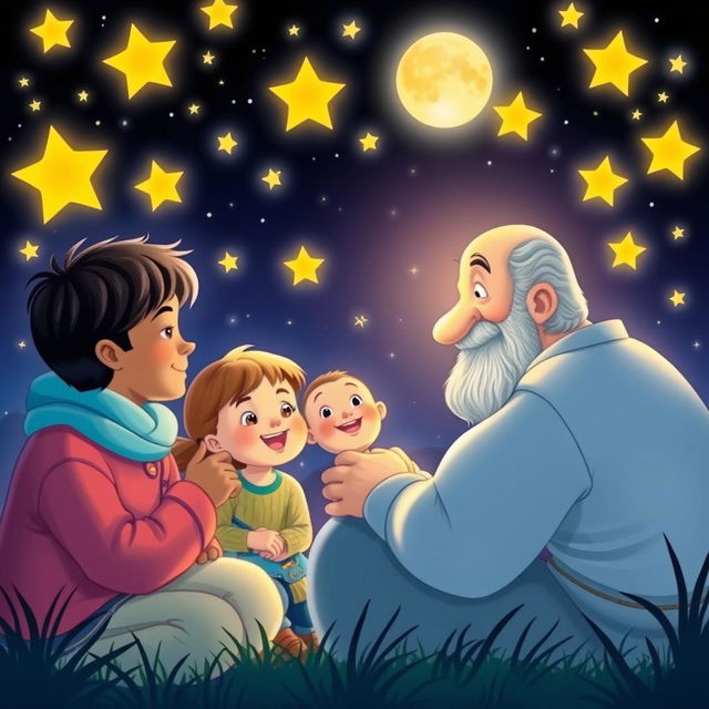 Uncle Moon engages the children in a warm and inspiring discussion about the value of friendship, set against a backdrop of twinkling stars that illuminate the night sky