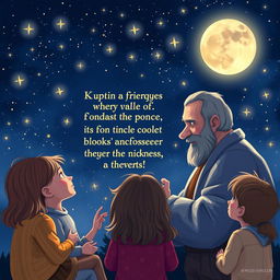 Uncle Moon engages the children in a warm and inspiring discussion about the value of friendship, set against a backdrop of twinkling stars that illuminate the night sky