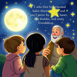 Uncle Moon engages the children in a warm and inspiring discussion about the value of friendship, set against a backdrop of twinkling stars that illuminate the night sky