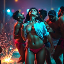 Sensual scene featuring a woman inspired by Nushrat Bharucha, wearing bikini bottoms and striking red lipstick, as she dances and makes out with multiple men at a lively pool party