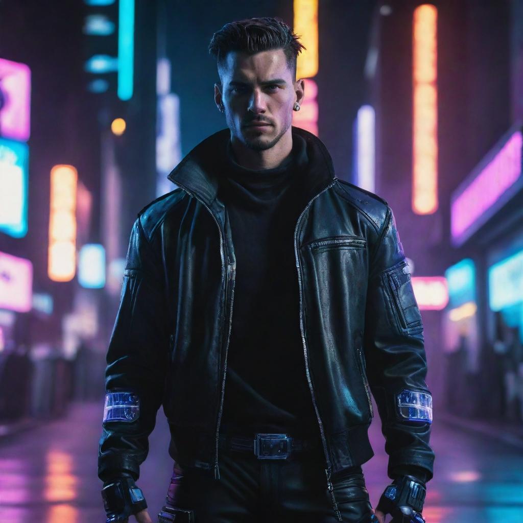 A handsome man dressed in a cyberpunk costume