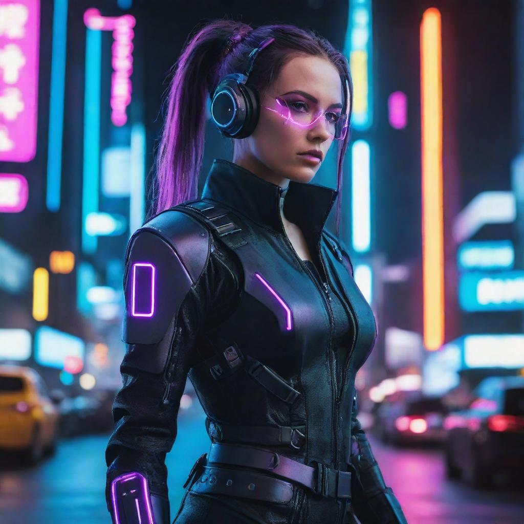 A remarkably beautiful woman dressed in a cyberpunk costume