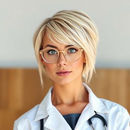 A beautiful 30-year-old woman with short, styled blonde hair featuring a messy fringe, wearing a white doctor's lab coat
