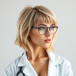 A beautiful 30-year-old woman with short, styled blonde hair featuring a messy fringe, wearing a white doctor's lab coat